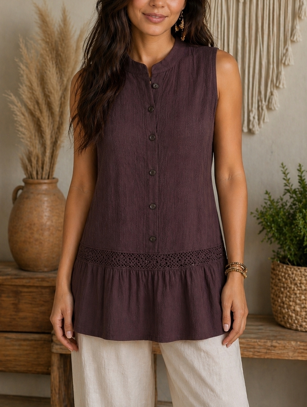 Donna 100% Cotton Sleeveless Button Front Tunic Top Boho Drop Waist Brown